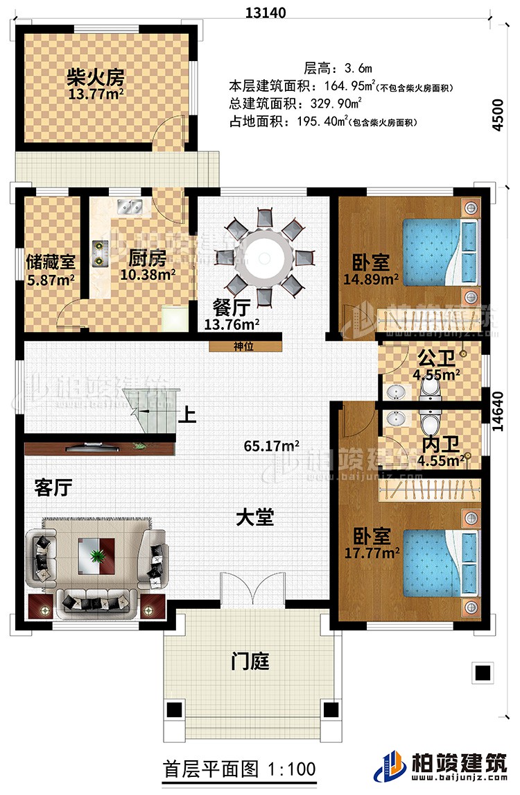 一层：门庭、大堂、客厅、餐厅、厨房、储藏室、柴火房、2卧室、公卫、内卫